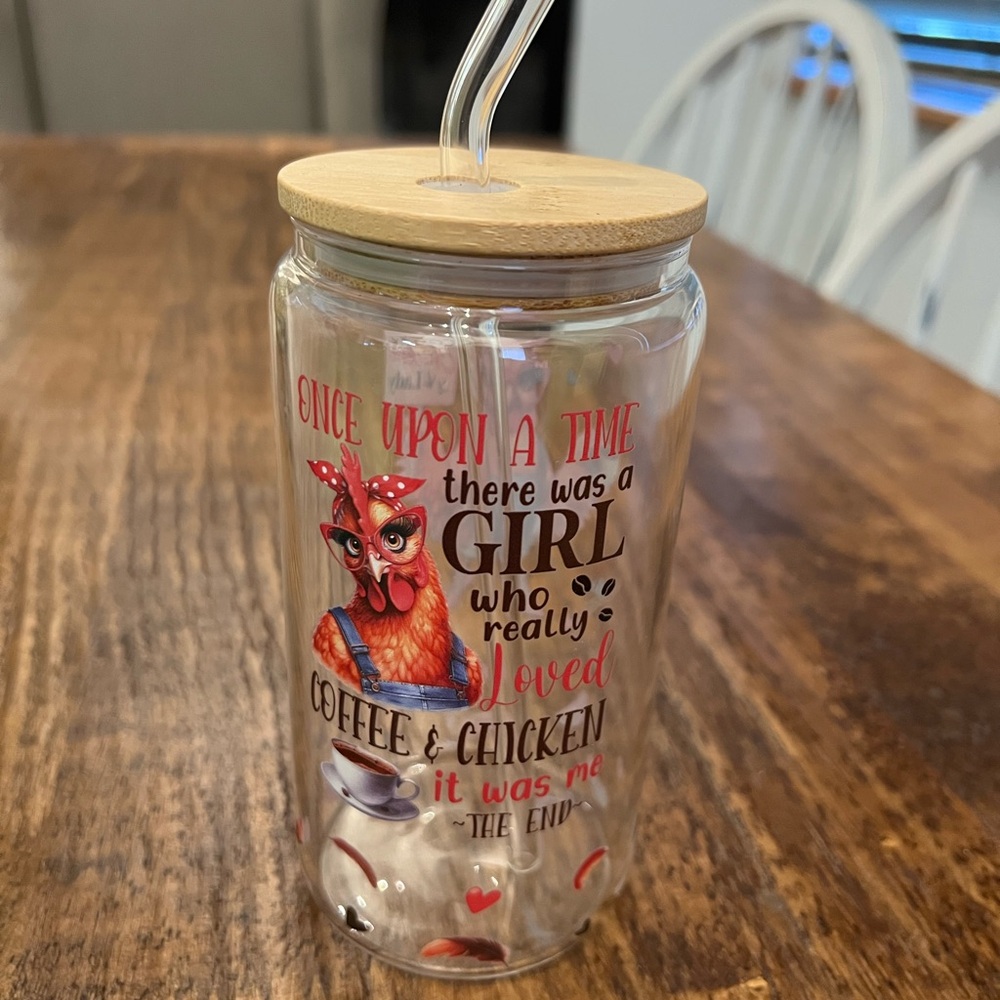 Glass Tumbler with Chicken Design and Bamboo Lid with glass straw